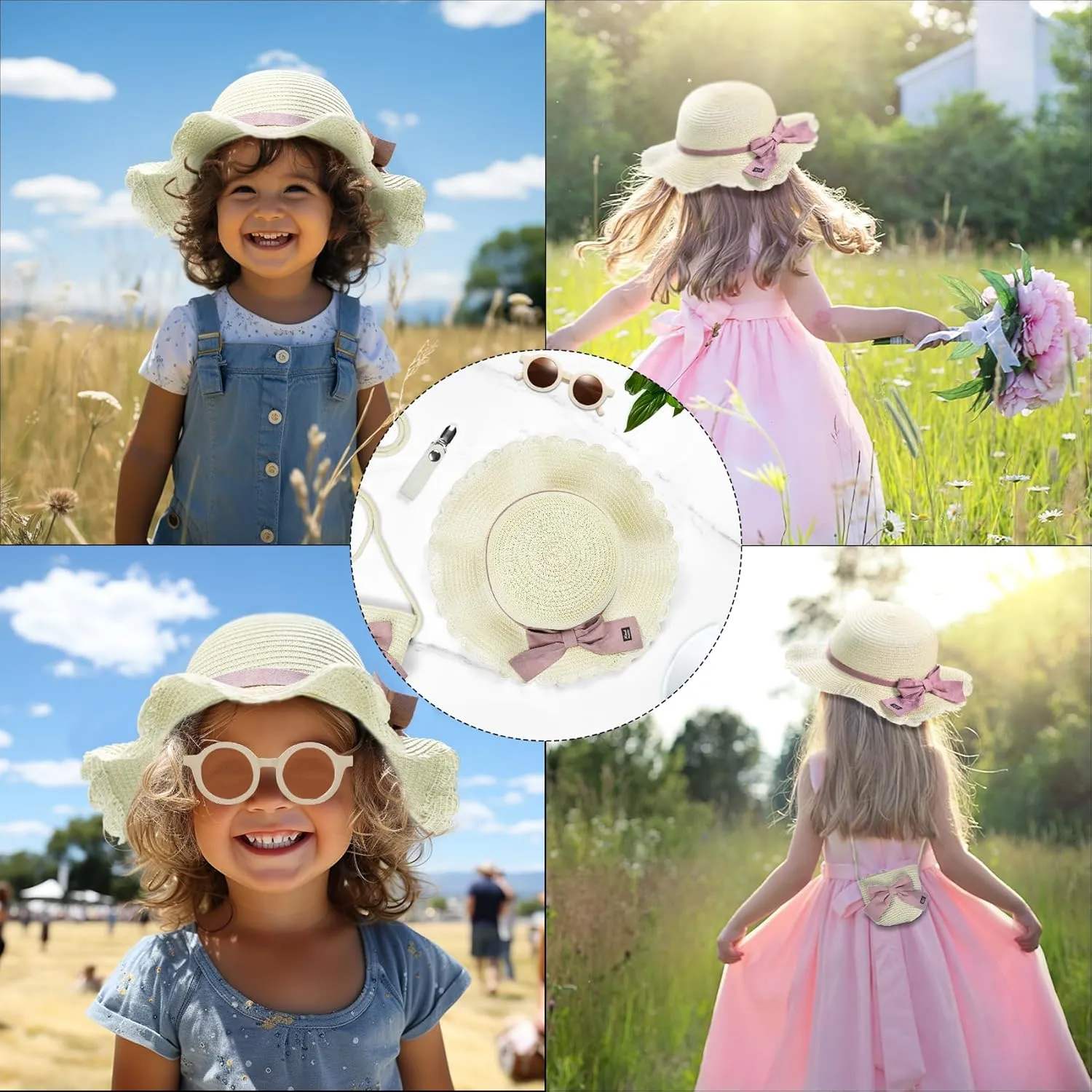 Knana Summer Straw Hat Bag Sunglasses Set for Girls Kids - Cute Bow Round Sunglasses and Straw Shoulder Bag for Kids Girls