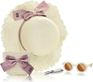 Knana Summer Straw Hat Bag Sunglasses Set for Girls Kids - Cute Bow Round Sunglasses and Straw Shoulder Bag for Kids Girls
