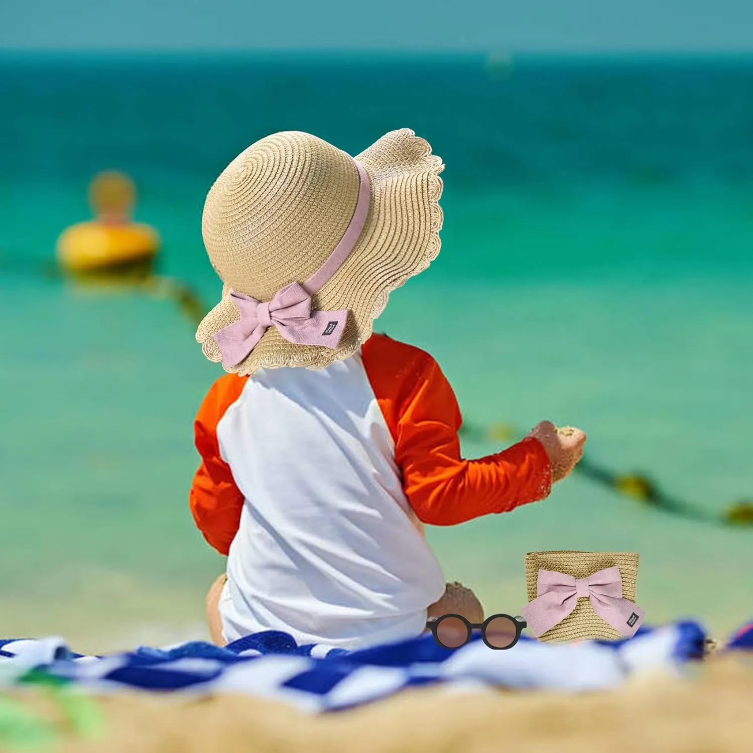 Knana Summer Straw Hat Bag Sunglasses Set for Girls Kids - Cute Bow Round Sunglasses and Straw Shoulder Bag for Kids Girls