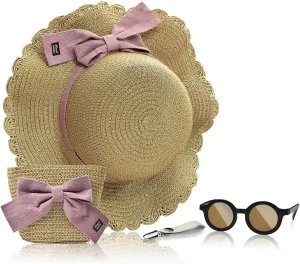 Knana Summer Straw Hat Bag Sunglasses Set for Girls Kids - Cute Bow Round Sunglasses and Straw Shoulder Bag for Kids Girls