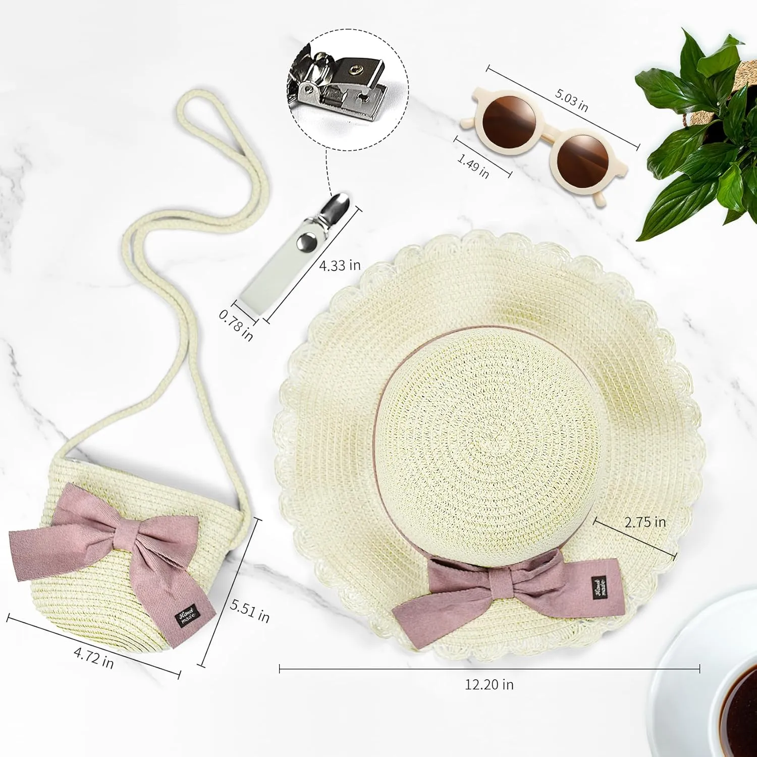 Knana Summer Straw Hat Bag Sunglasses Set for Girls Kids - Cute Bow Round Sunglasses and Straw Shoulder Bag for Kids Girls
