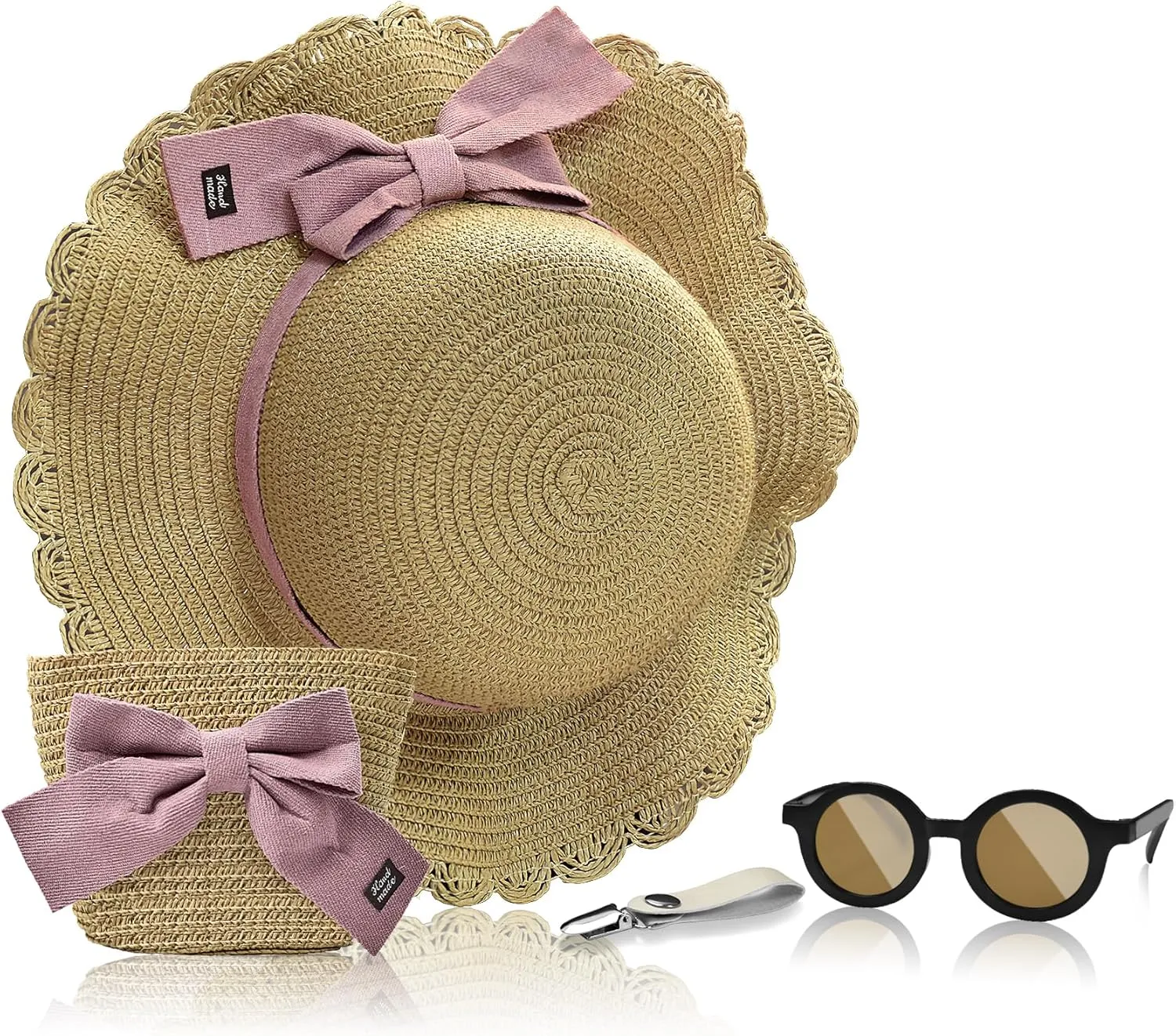 Knana Summer Straw Hat Bag Sunglasses Set for Girls Kids - Cute Bow Round Sunglasses and Straw Shoulder Bag for Kids Girls