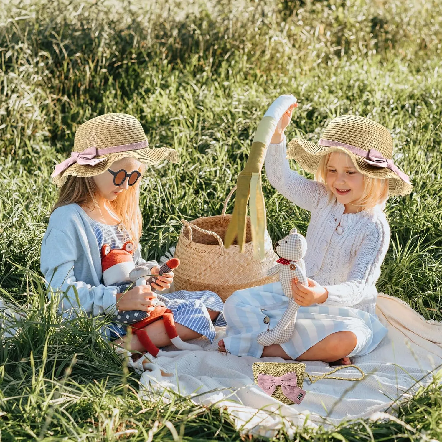 Knana Summer Straw Hat Bag Sunglasses Set for Girls Kids - Cute Bow Round Sunglasses and Straw Shoulder Bag for Kids Girls