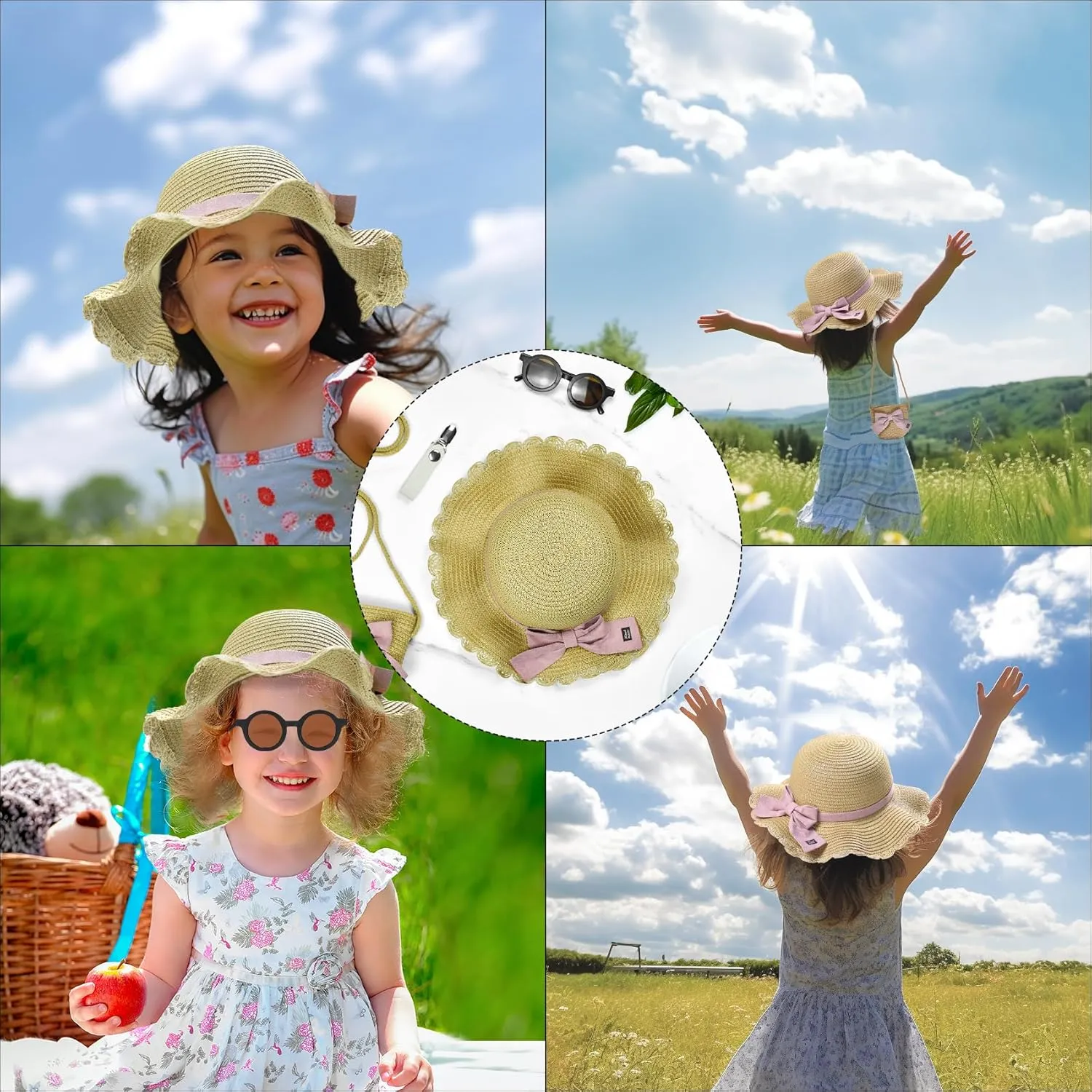 Knana Summer Straw Hat Bag Sunglasses Set for Girls Kids - Cute Bow Round Sunglasses and Straw Shoulder Bag for Kids Girls