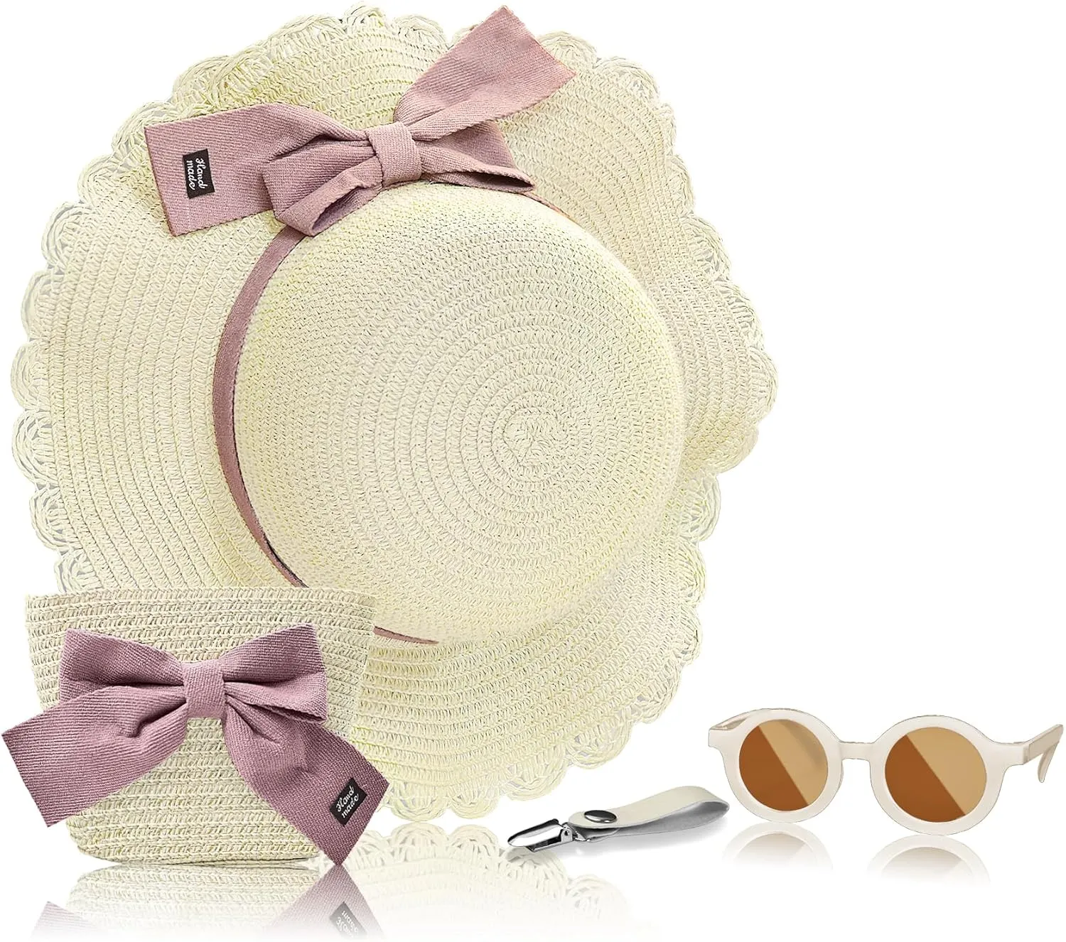 Knana Summer Straw Hat Bag Sunglasses Set for Girls Kids - Cute Bow Round Sunglasses and Straw Shoulder Bag for Kids Girls