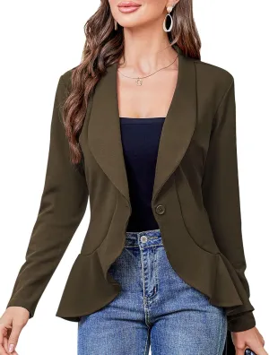 KOJOOIN Womens Casual Blazer Long Sleeve Open Front Ruffle Work Office Cardigan Suit Jackets Long Sleeve-Olive Green M