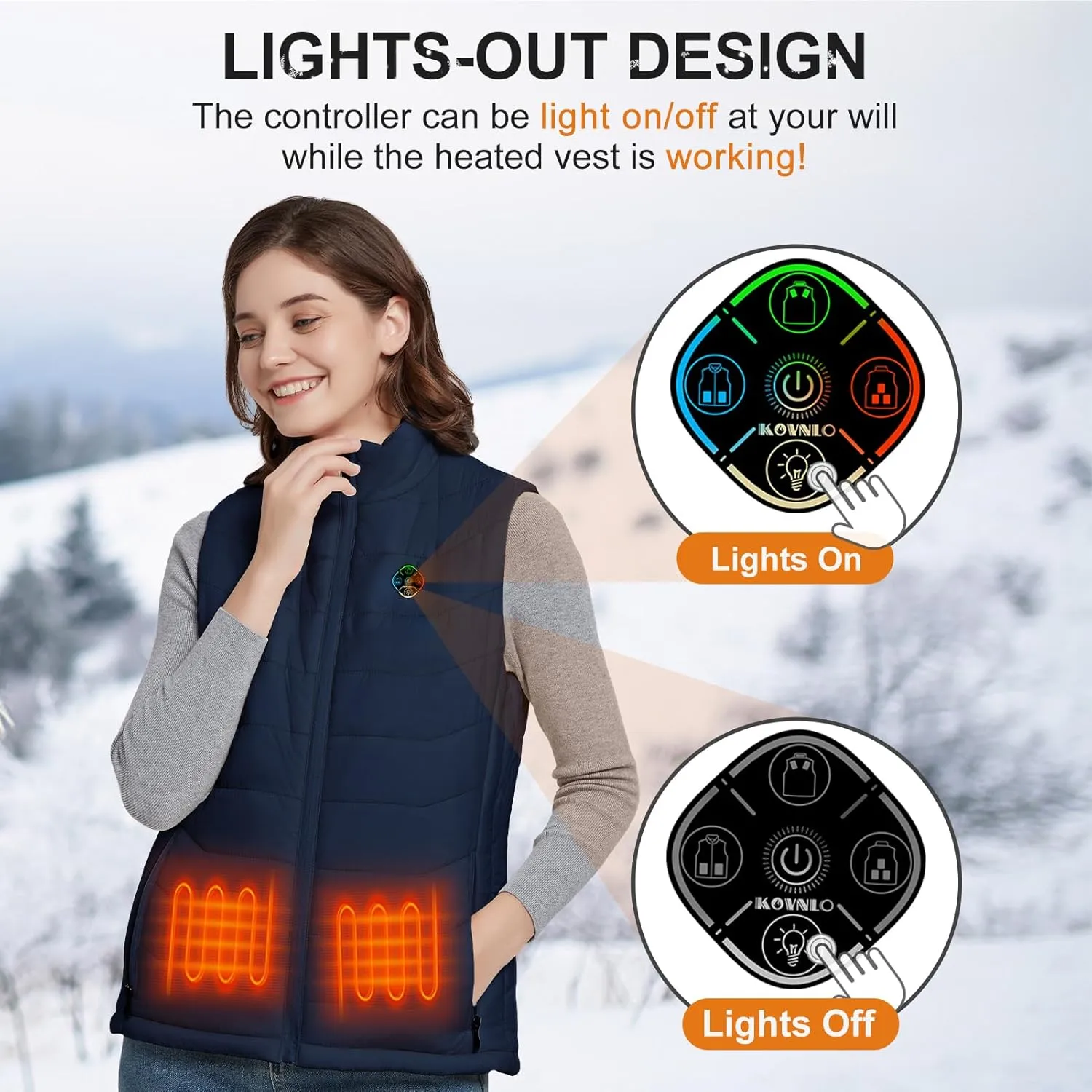 KOVNLO Womens Heated Vest, 5 in 1 Smart Controller, Lights-out Design, Electric Heated Jackets (Battery Pack Not Included)