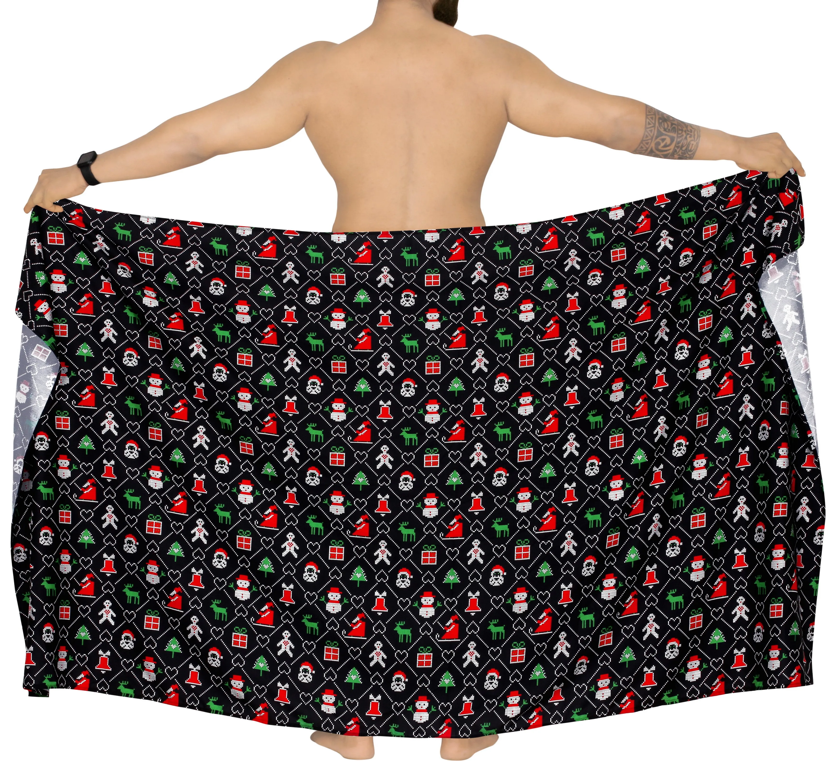 LA LEELA Men Full Loungewear Camp Sarong Wrap Christmas Day 78" X42" Black_AA68