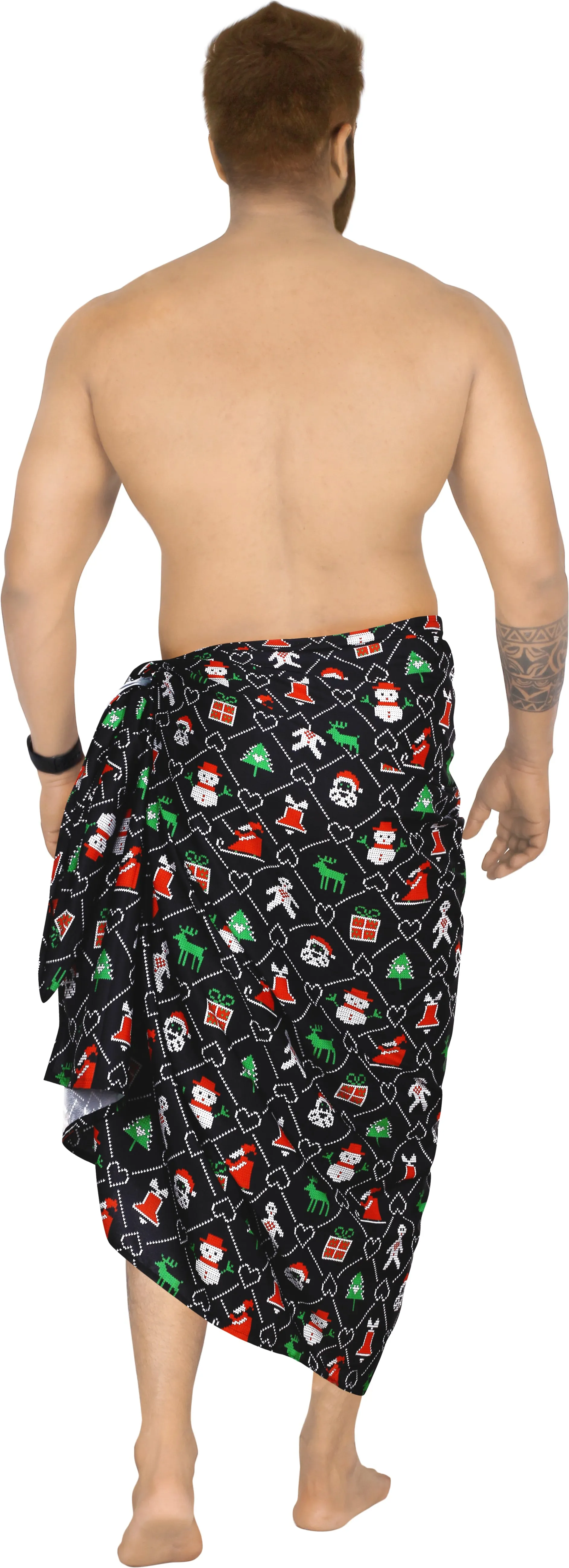 LA LEELA Men Full Loungewear Camp Sarong Wrap Christmas Day 78" X42" Black_AA68