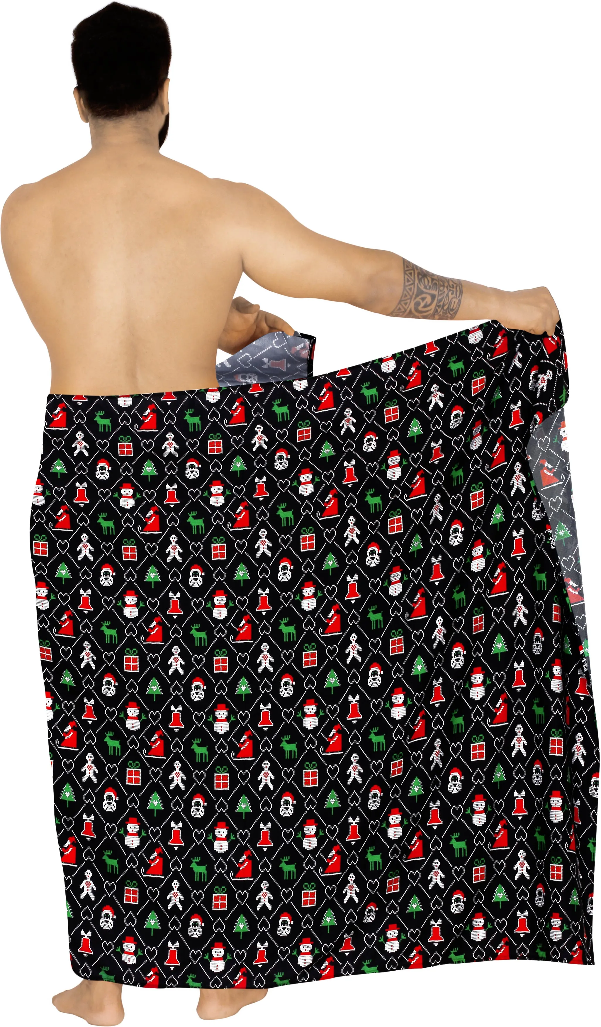 LA LEELA Men Full Loungewear Camp Sarong Wrap Christmas Day 78" X42" Black_AA68