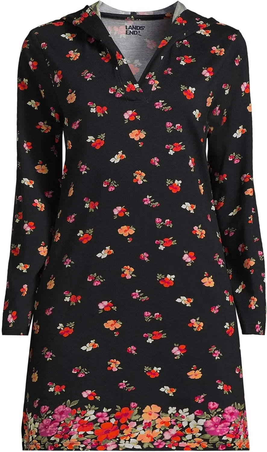 Lands' End Women's Cotton Jersey Long Sleeve Hooded Swim Cover-up Dress