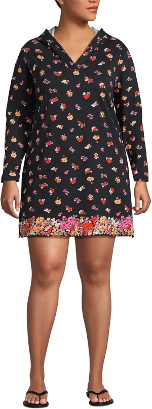 Lands' End Women's Cotton Jersey Long Sleeve Hooded Swim Cover-up Dress