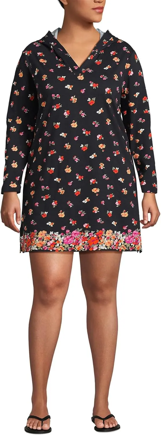 Lands' End Women's Cotton Jersey Long Sleeve Hooded Swim Cover-up Dress