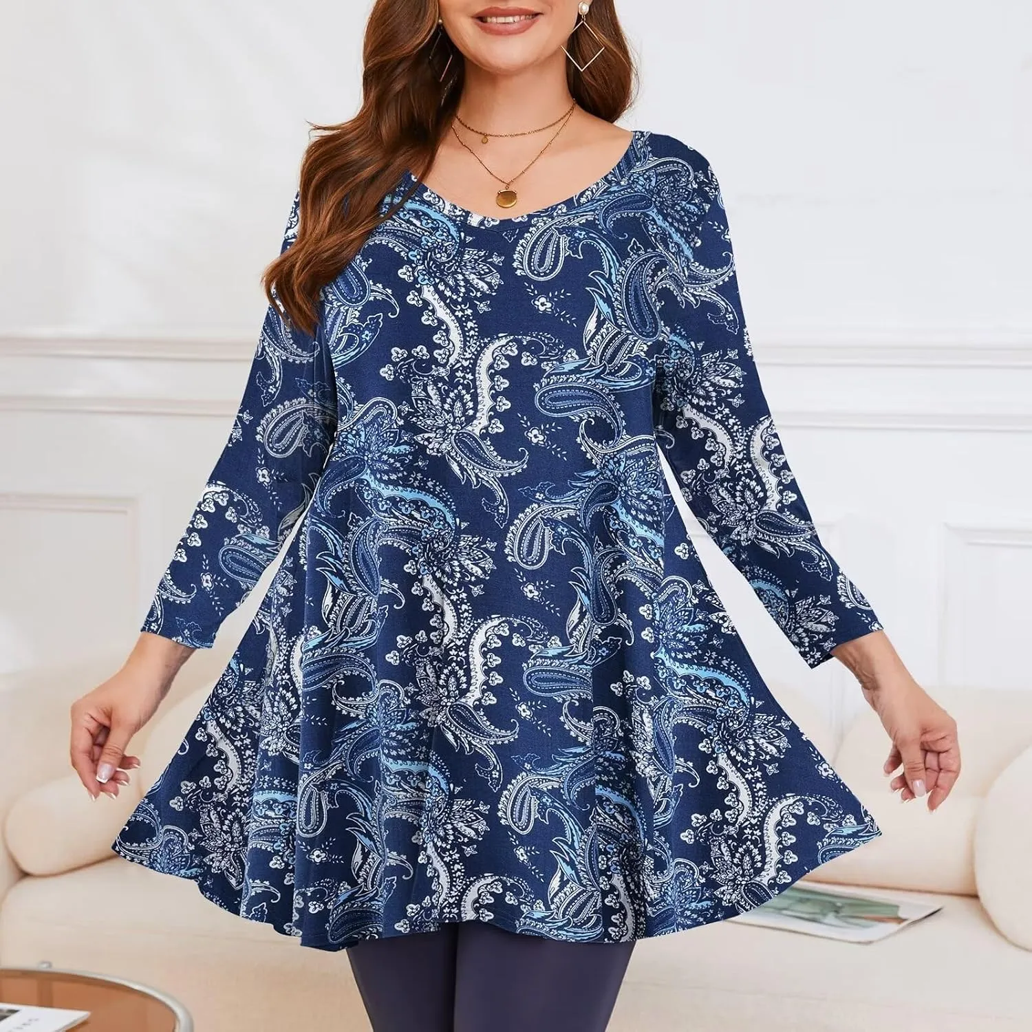 LARACE Tunics 3/4 Sleeve Plus Size Tops for Women V Neck Loose Fit Flowy Clothing for Leggings