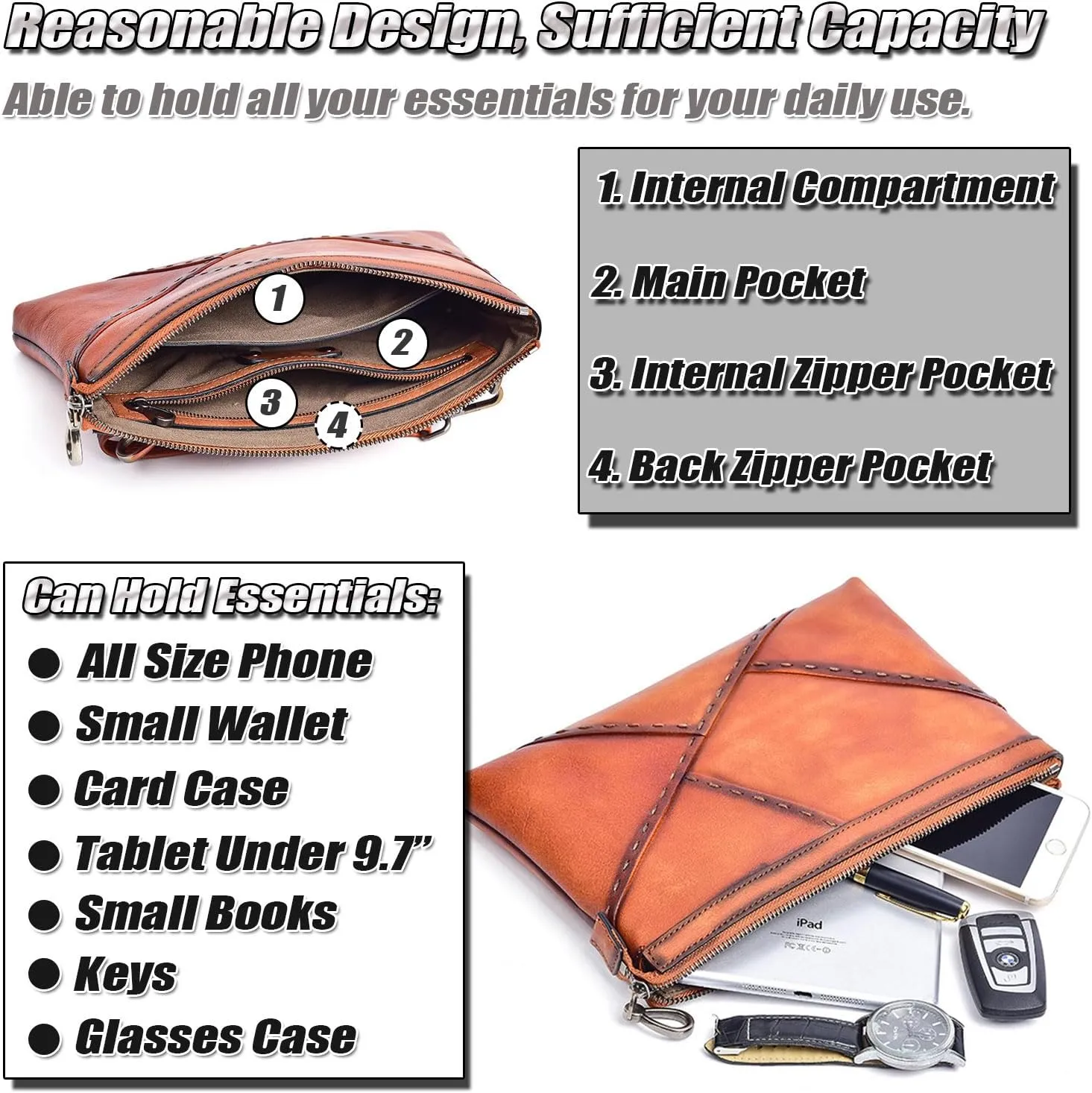 Large Clutch Bag for Men Upscale Vegetable Tanned Leather Business Handbag Versatile Organizer Fashion Wrist Wallet