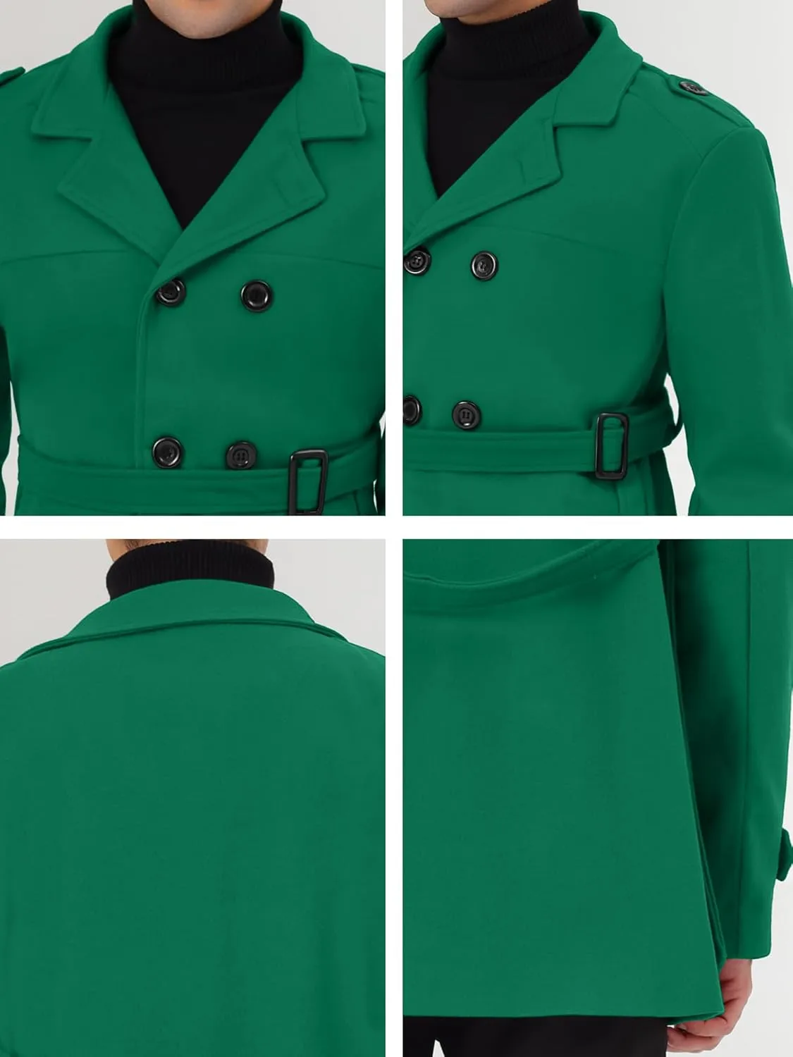 Lars Amadeus Men's Pea Coat Slim Fit Notch Lapel Double Breasted Trench Coat with Belt