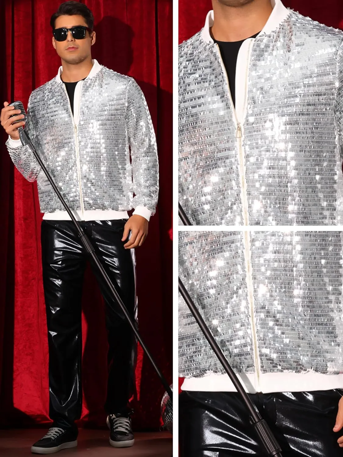 Lars Amadeus Sequin Varsity Jackets for Men's Zipper Festival Disco Sparkly Shiny Baseball Bomber Jacket