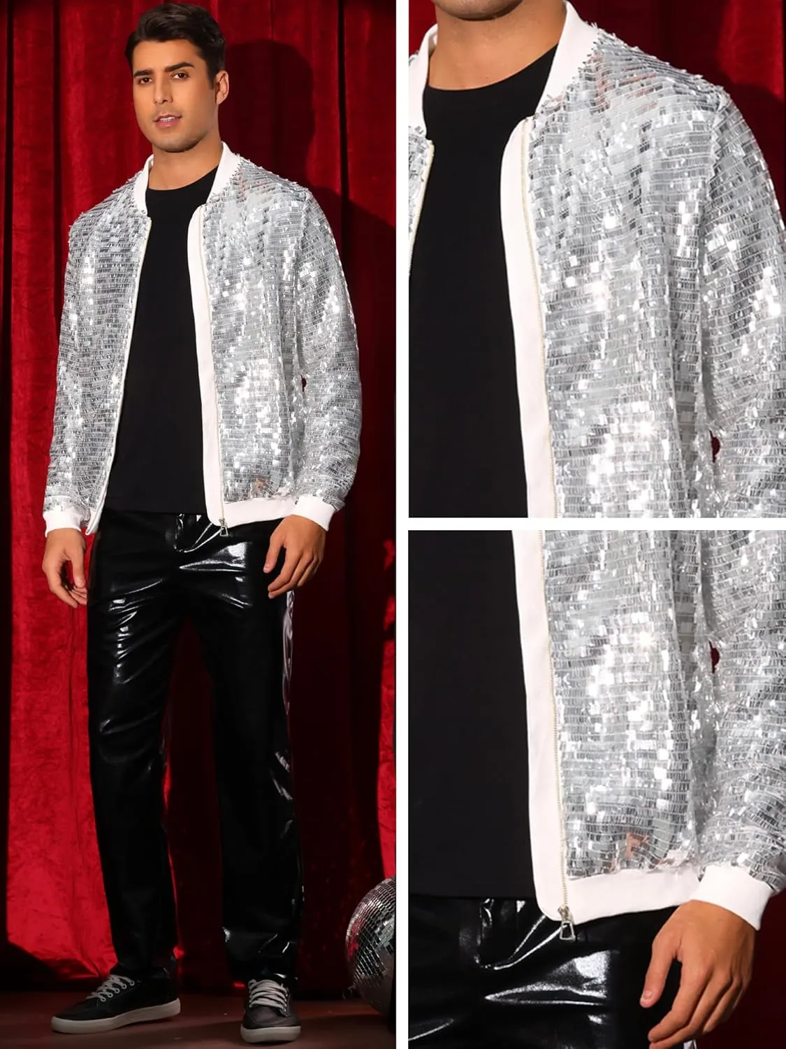 Lars Amadeus Sequin Varsity Jackets for Men's Zipper Festival Disco Sparkly Shiny Baseball Bomber Jacket