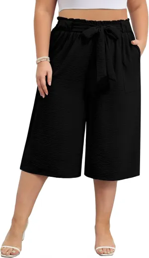 Lastshe Women's Casual Plus Size Cropped Wide-Leg Pants with Pockets High Waisted Adjustable Tie Knot Capri Palazzo Trousers