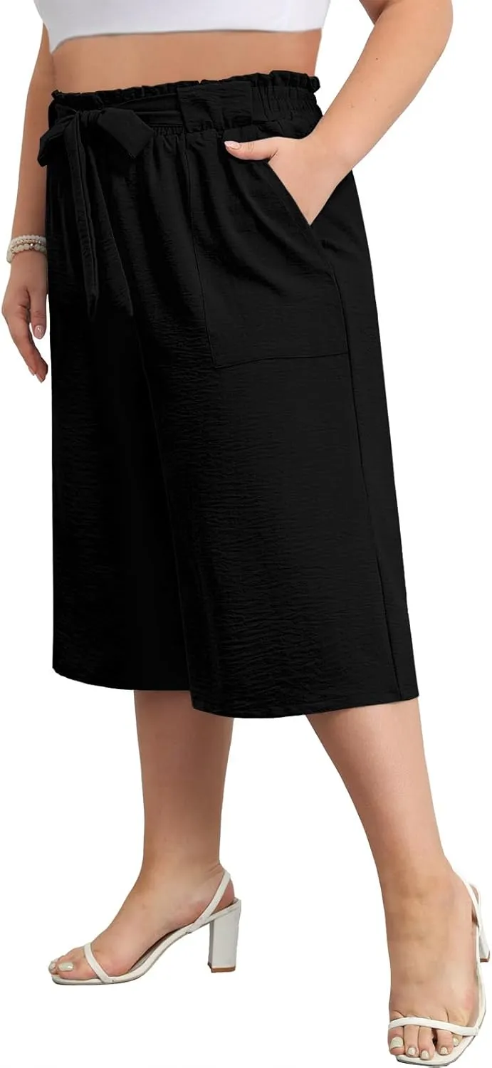 Lastshe Women's Casual Plus Size Cropped Wide-Leg Pants with Pockets High Waisted Adjustable Tie Knot Capri Palazzo Trousers