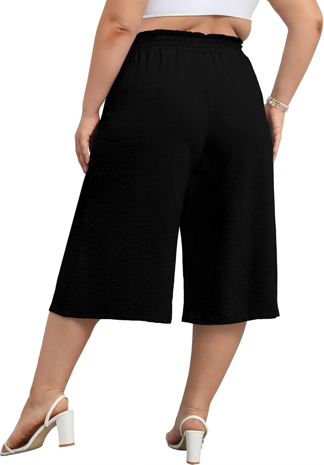 Lastshe Women's Casual Plus Size Cropped Wide-Leg Pants with Pockets High Waisted Adjustable Tie Knot Capri Palazzo Trousers