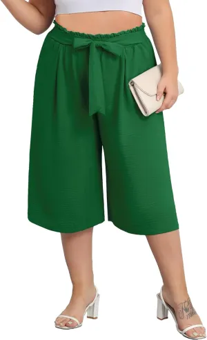 Lastshe Women's Plus Size Cropped Wide-Leg Pants Lightweight High Waisted Adjustable Tie Knot Casual Trousers Pants