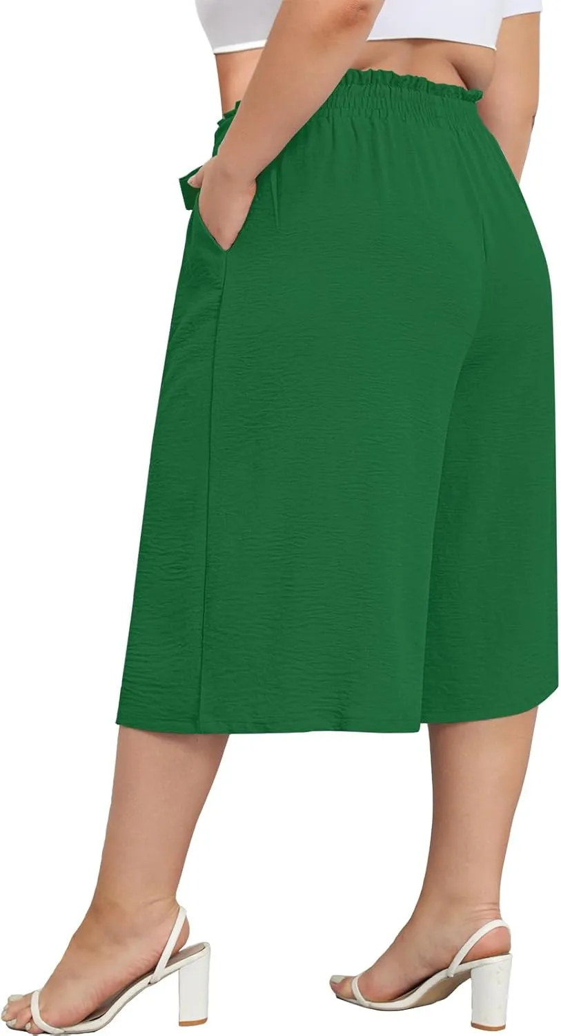 Lastshe Women's Plus Size Cropped Wide-Leg Pants Lightweight High Waisted Adjustable Tie Knot Casual Trousers Pants