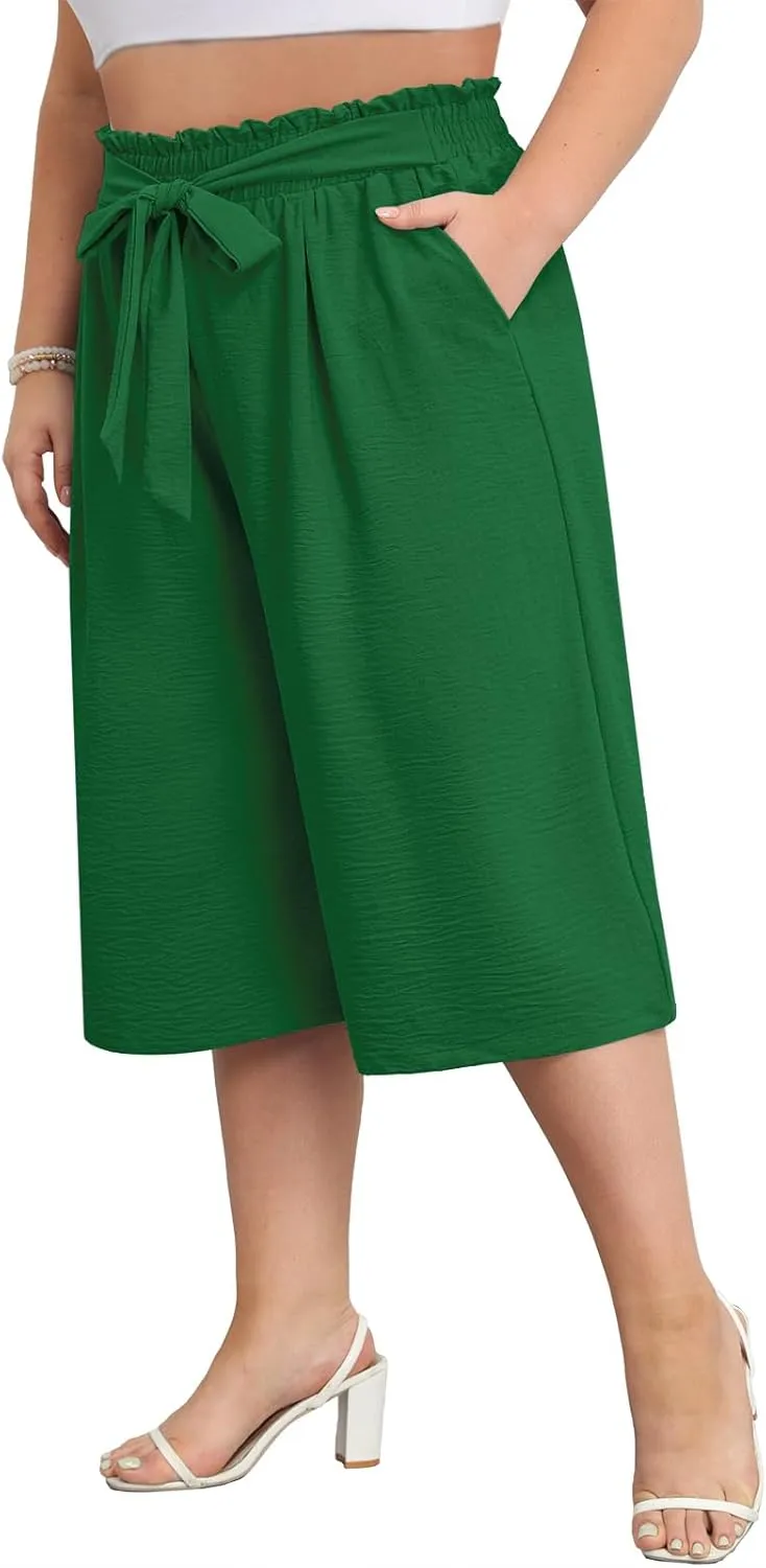 Lastshe Women's Plus Size Cropped Wide-Leg Pants Lightweight High Waisted Adjustable Tie Knot Casual Trousers Pants
