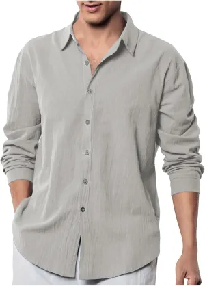 lcziwo Button Down Shirts for Men Casual Long Sleeve Cotton Linen Shirt Regular Casual Work Shirt Loose Solid Beach Shirt