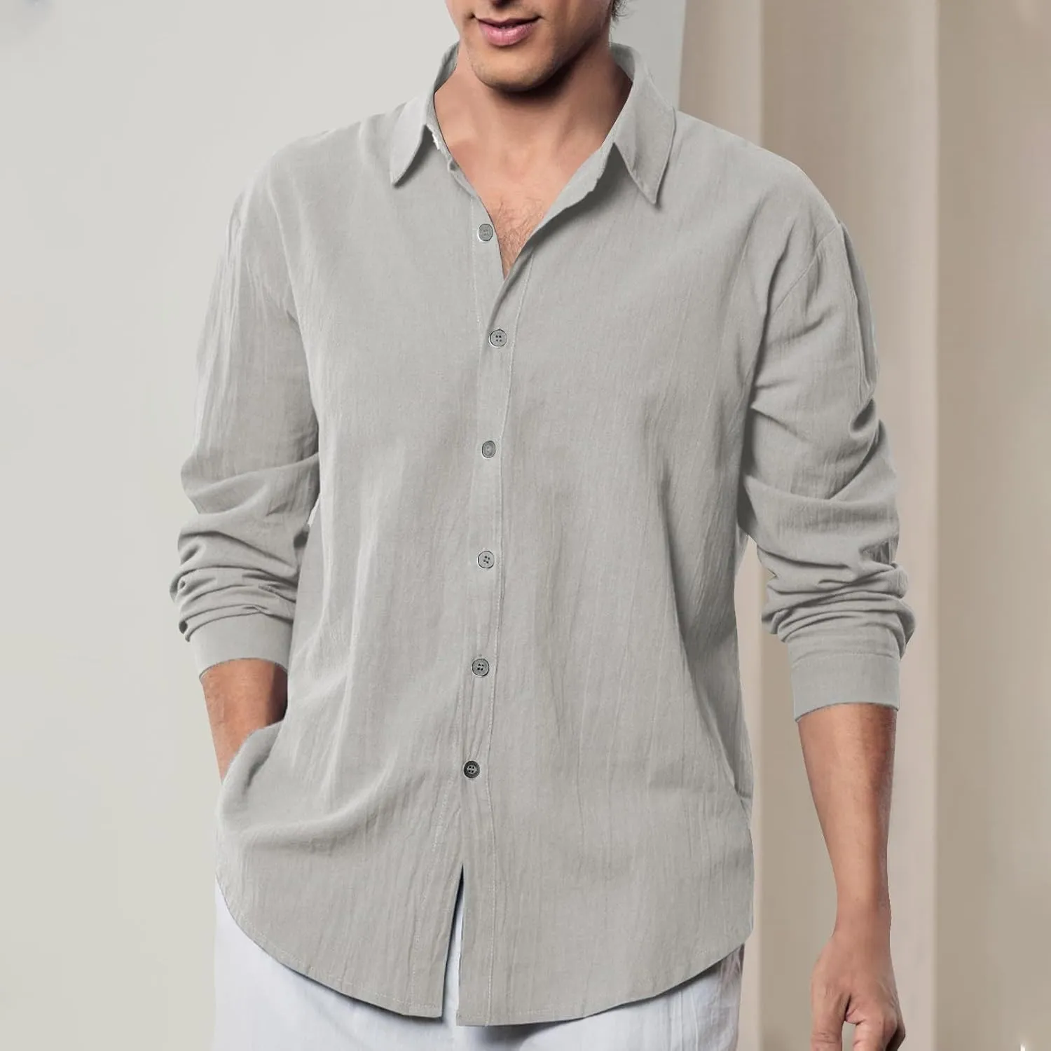 lcziwo Button Down Shirts for Men Casual Long Sleeve Cotton Linen Shirt Regular Casual Work Shirt Loose Solid Beach Shirt