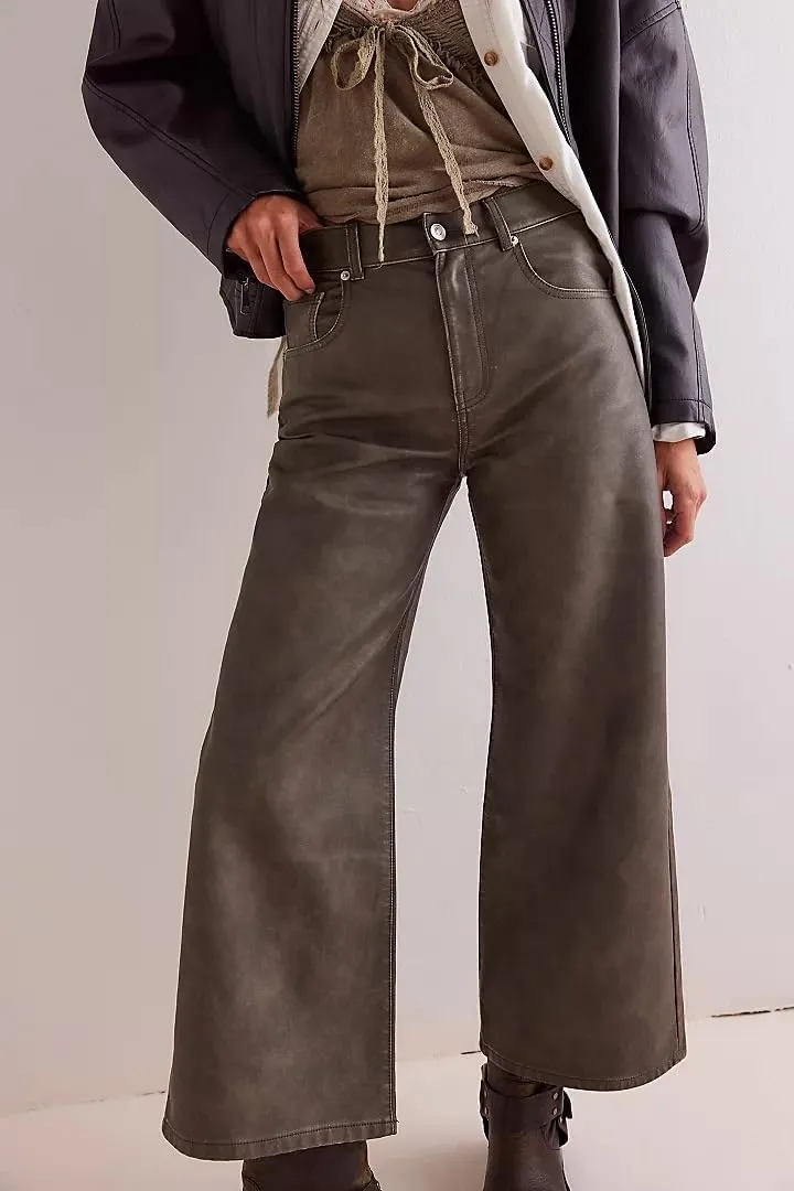 Leather Barrel Pants for Women High Waist Wide Leg PU Faux Leather Trousers Pants with Pockets