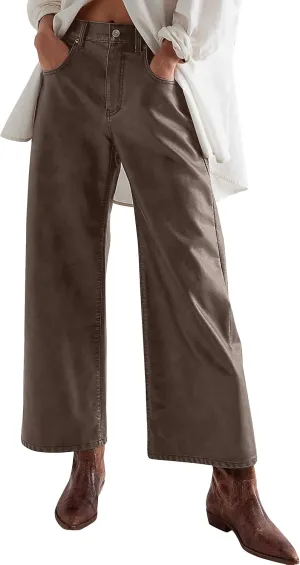 Leather Barrel Pants for Women High Waist Wide Leg PU Faux Leather Trousers Pants with Pockets