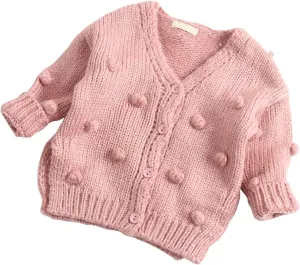 Lefyira Toddler Baby Girl Knit Cardigan Sweaters Open Front Pompom Knitwear Jacket Button Down Solid Knitted Outwear