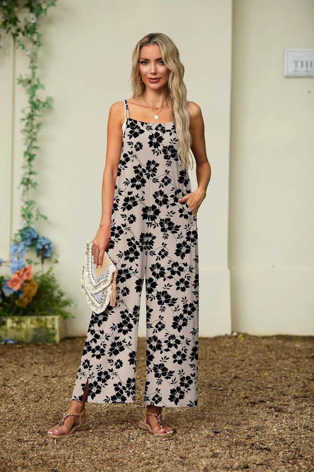 Lepunuo Womens Casual Loose Jumpsuits Summer Boho Wide Leg Rompers Sleeveless Overalls with Pockets