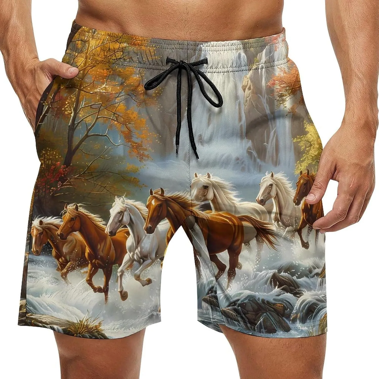Life Mountain Stream Running Horse Wild Men's Swim Trunks Quick Dry Board Shorts Breathable Summer Beach Shorts Bathing Suits