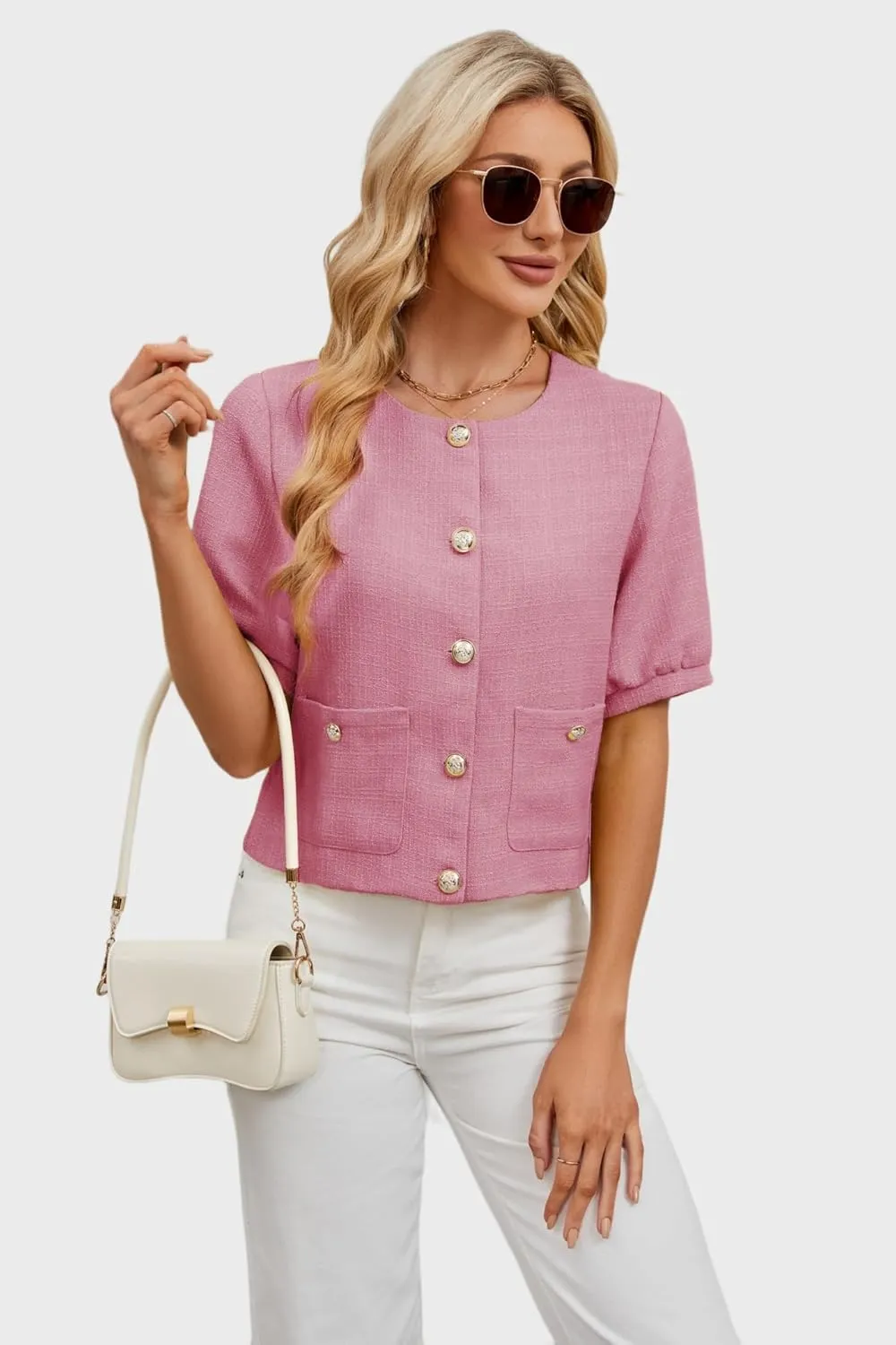 LifeShe Puff Short Sleeve Tweed Jacket Women Cropped Jackets Summer Open Front Office Work Blazer Coat
