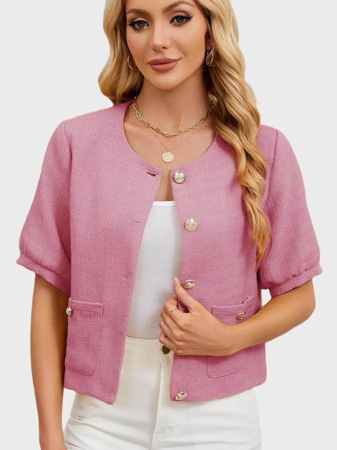 LifeShe Puff Short Sleeve Tweed Jacket Women Cropped Jackets Summer Open Front Office Work Blazer Coat
