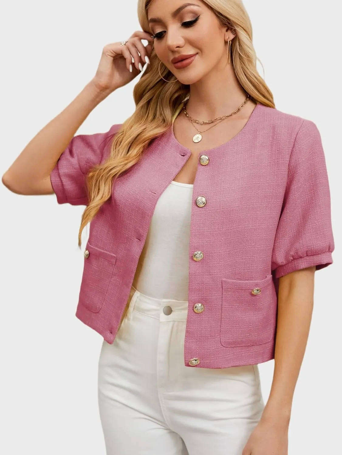 LifeShe Puff Short Sleeve Tweed Jacket Women Cropped Jackets Summer Open Front Office Work Blazer Coat