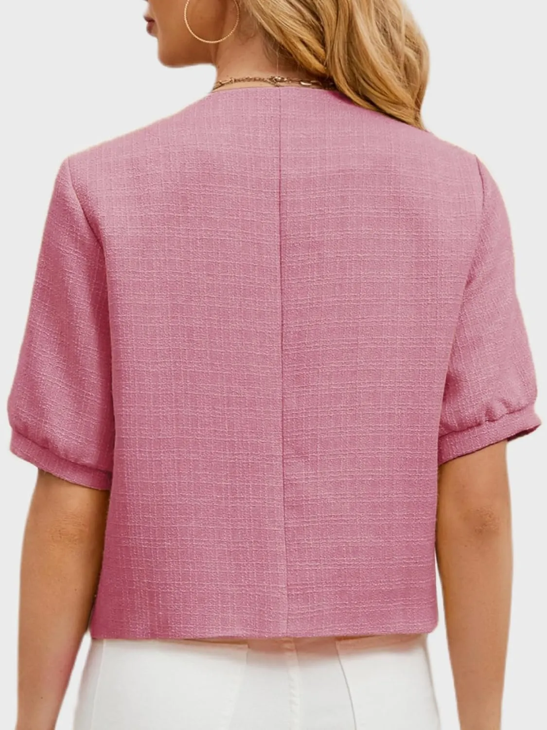 LifeShe Puff Short Sleeve Tweed Jacket Women Cropped Jackets Summer Open Front Office Work Blazer Coat