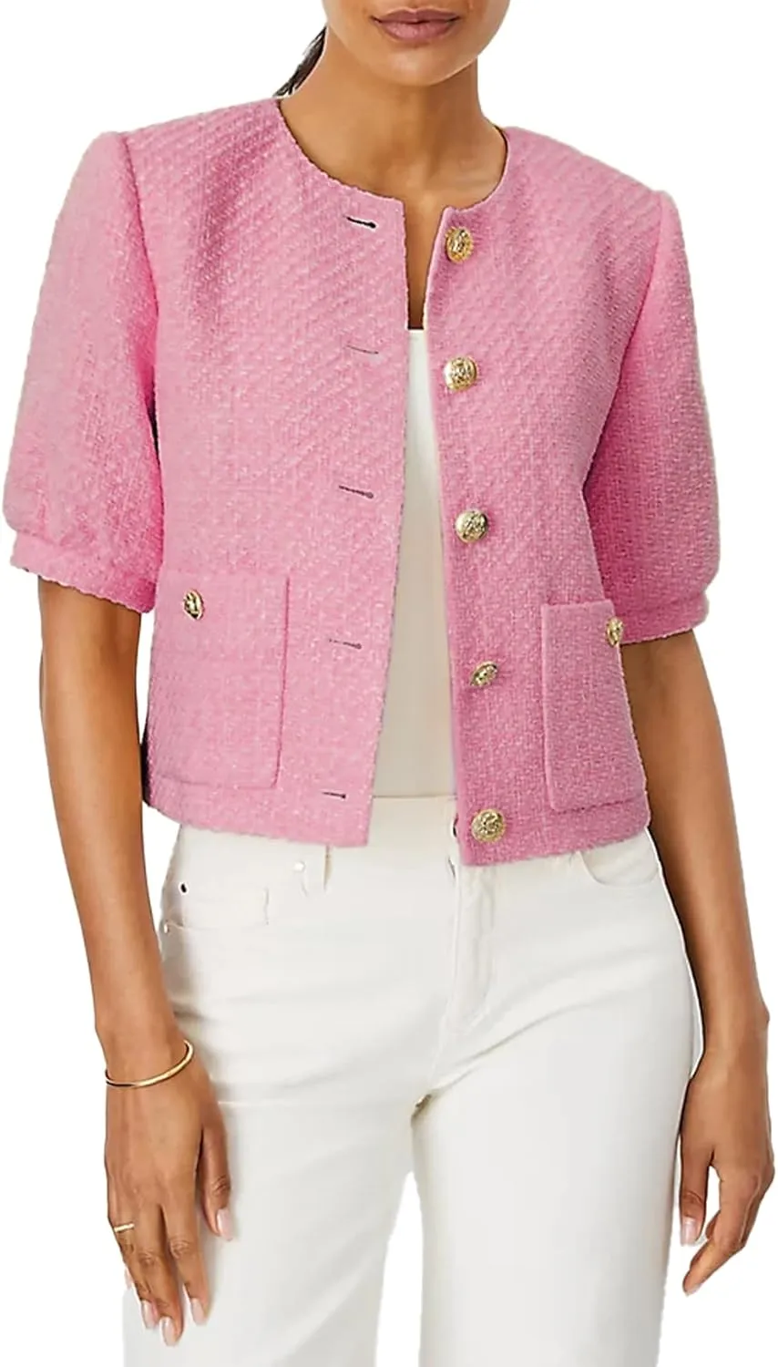 LifeShe Puff Short Sleeve Tweed Jacket Women Cropped Jackets Summer Open Front Office Work Blazer Coat