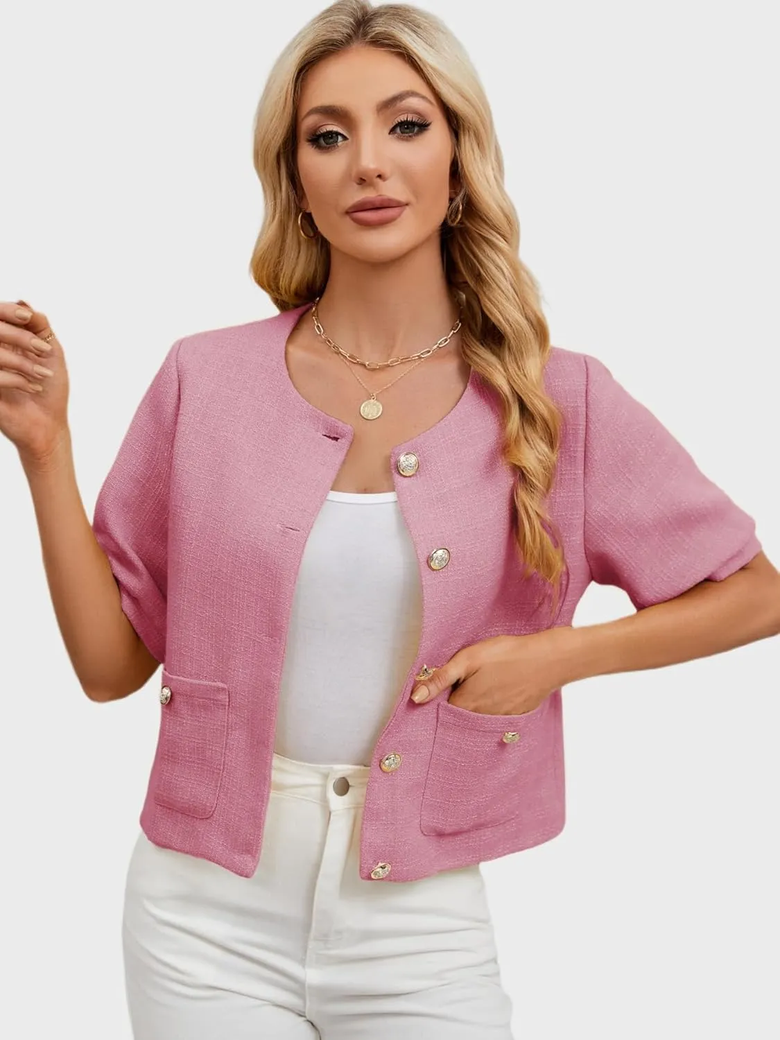 LifeShe Puff Short Sleeve Tweed Jacket Women Cropped Jackets Summer Open Front Office Work Blazer Coat