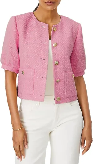 LifeShe Puff Short Sleeve Tweed Jacket Women Cropped Jackets Summer Open Front Office Work Blazer Coat