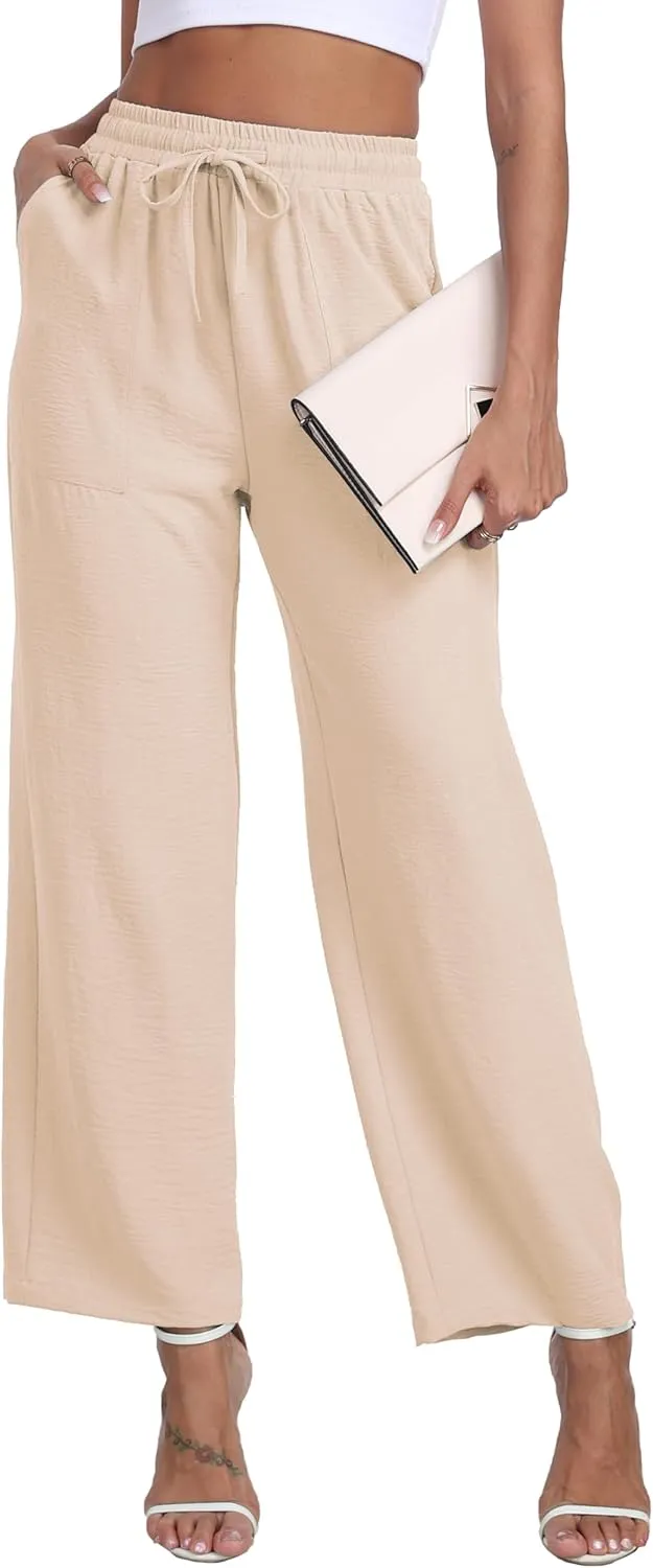 LIGHTBACK Women's Wide Leg Palazzo Pants with Pockets Loose Casual Lounge Pants Comfy Drawstring Work Trousers