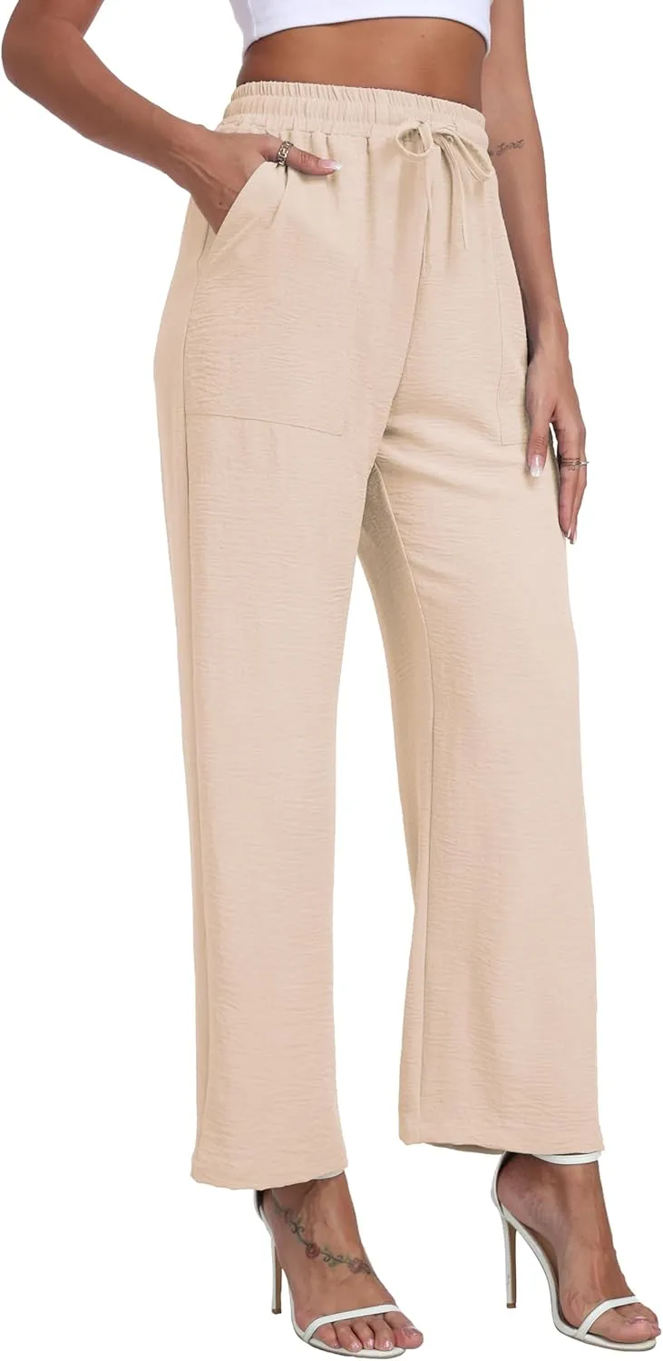 LIGHTBACK Women's Wide Leg Palazzo Pants with Pockets Loose Casual Lounge Pants Comfy Drawstring Work Trousers