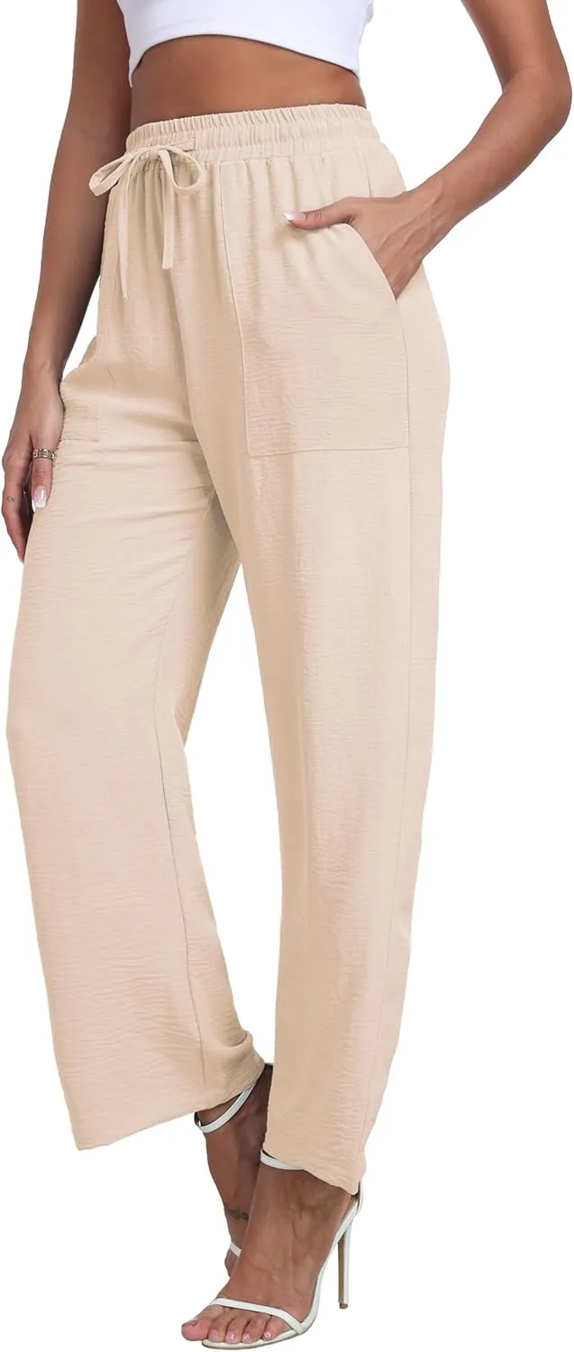 LIGHTBACK Women's Wide Leg Palazzo Pants with Pockets Loose Casual Lounge Pants Comfy Drawstring Work Trousers