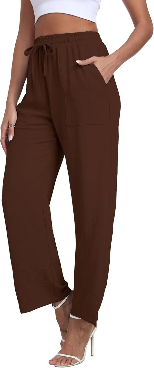 LIGHTBACK Women's Wide Leg Palazzo Pants with Pockets Loose Casual Lounge Pants Comfy Drawstring Work Trousers