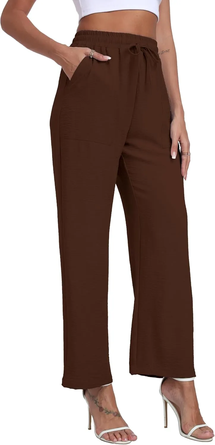 LIGHTBACK Women's Wide Leg Palazzo Pants with Pockets Loose Casual Lounge Pants Comfy Drawstring Work Trousers