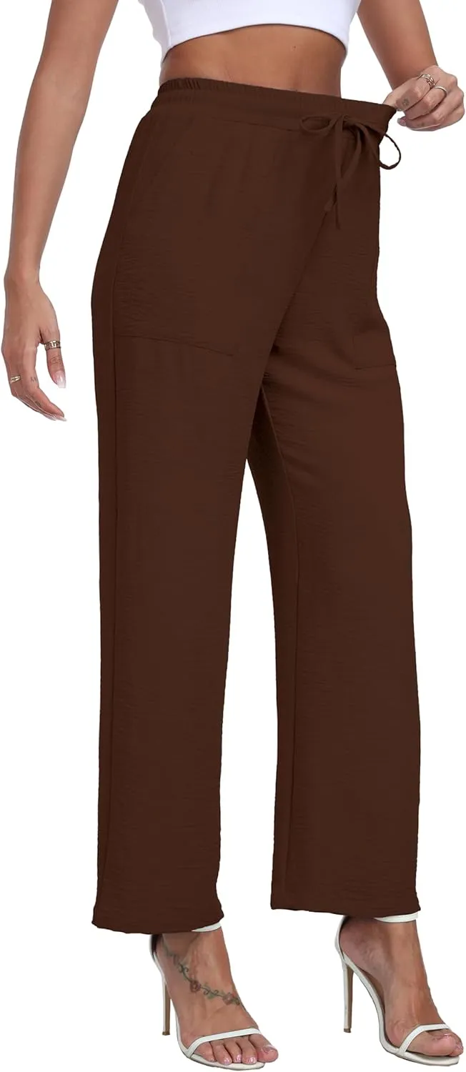 LIGHTBACK Women's Wide Leg Palazzo Pants with Pockets Loose Casual Lounge Pants Comfy Drawstring Work Trousers