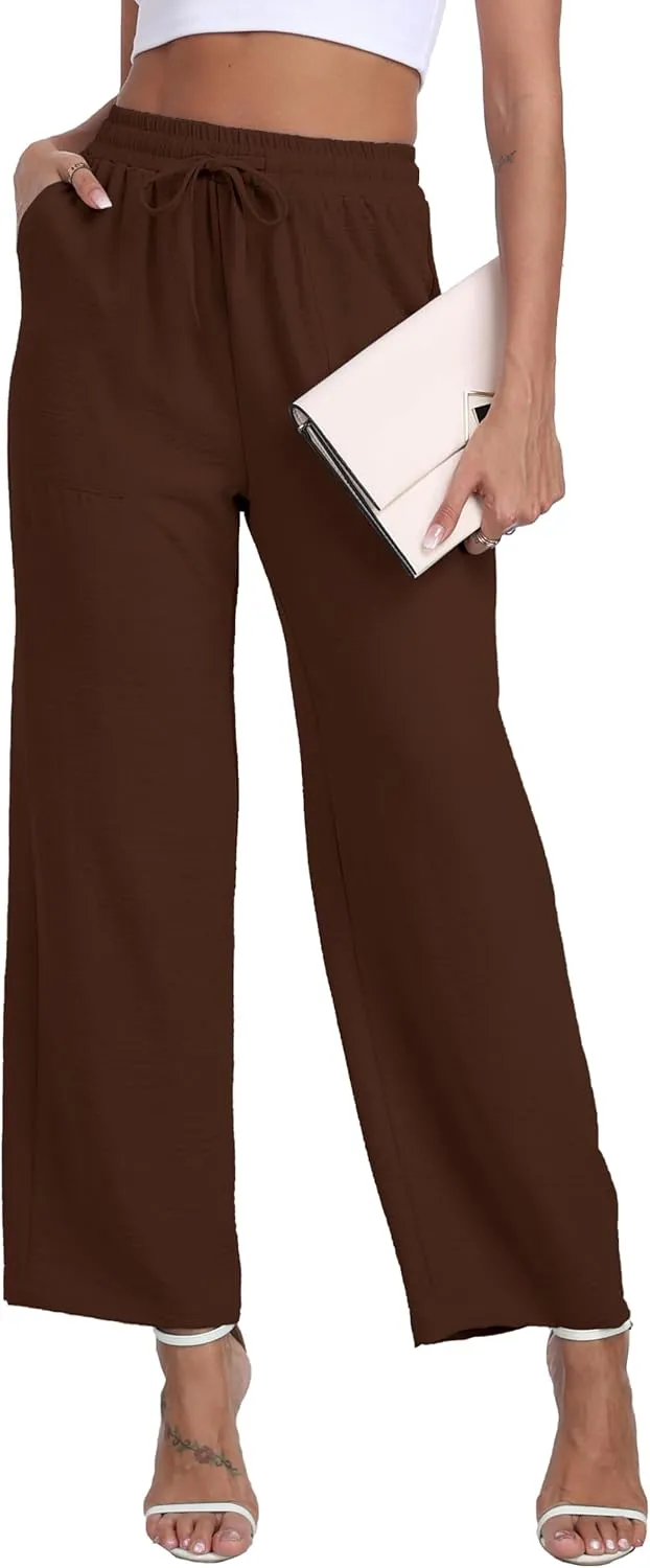 LIGHTBACK Women's Wide Leg Palazzo Pants with Pockets Loose Casual Lounge Pants Comfy Drawstring Work Trousers