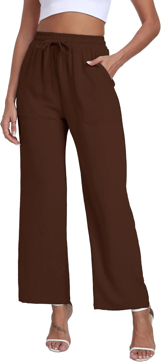LIGHTBACK Women's Wide Leg Palazzo Pants with Pockets Loose Casual Lounge Pants Comfy Drawstring Work Trousers